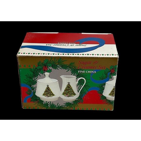Vintage Set of 2 Fine China Creamer and Sugar Bowl Christmas Tree Design in Box - Picture 3 of 5